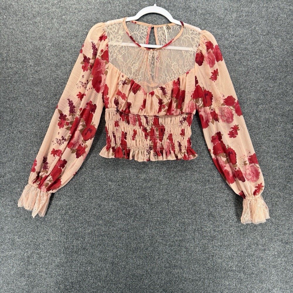 Free People Top Womens S Pink Floral Lace Cropped Fairycore Whimsy Boho Cottage